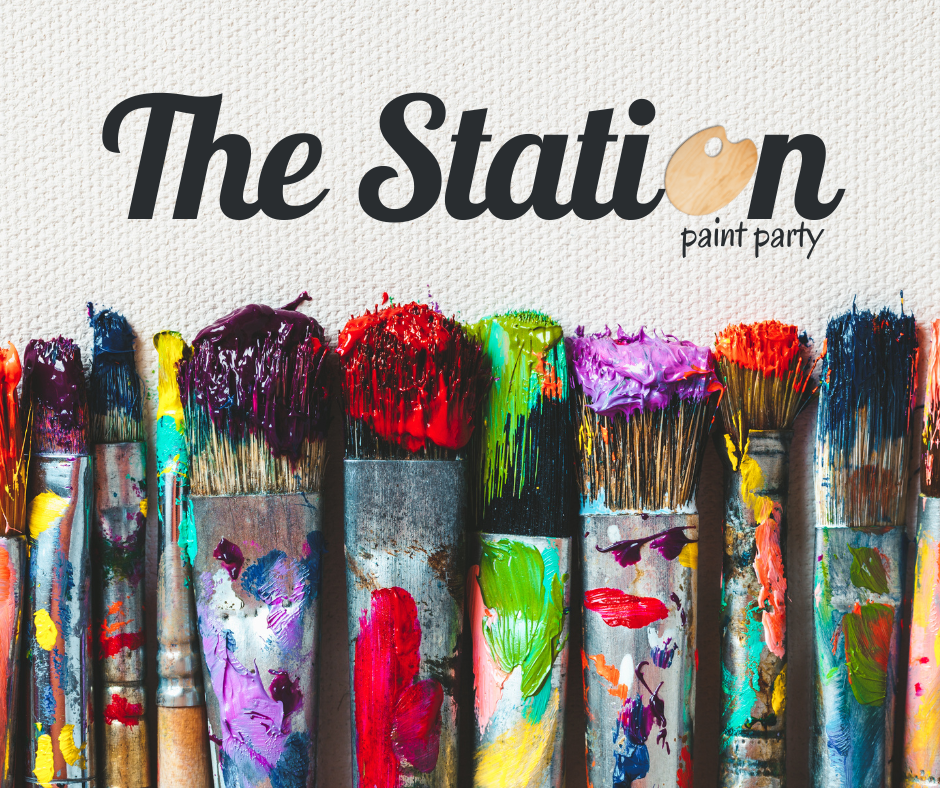 The Station Paint Party Logo with paint brushes full of paint