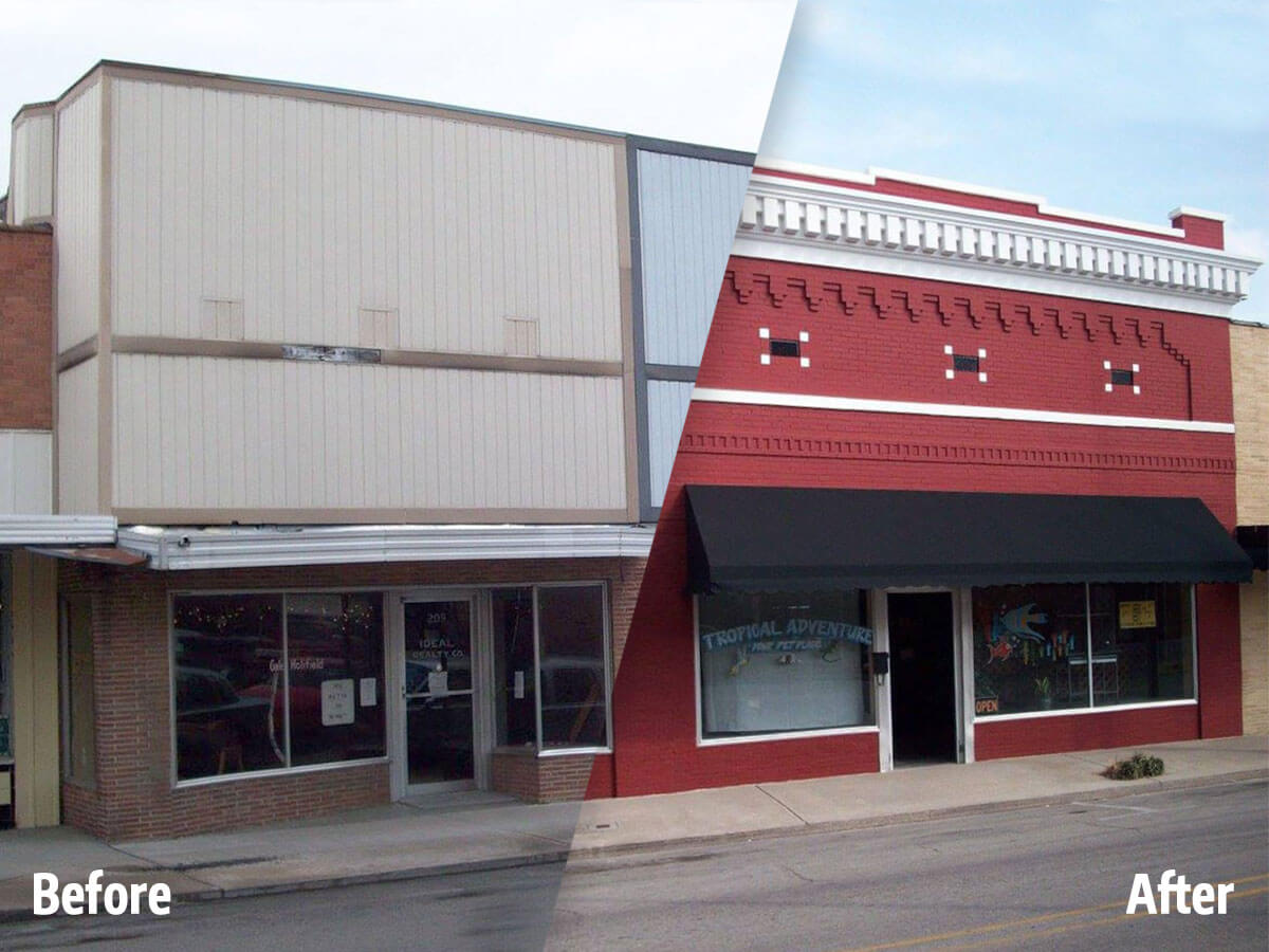 A combined before and after image of a Downtown storefront.
